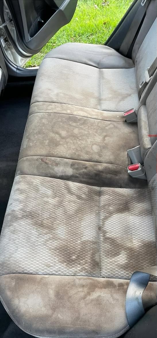 Before: rear seat covered in dark stains